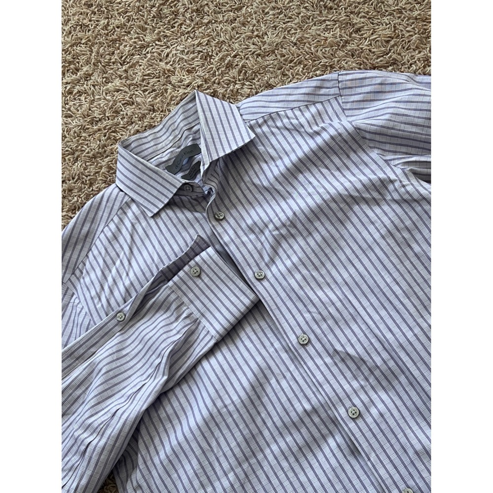 ck Calvin Klein Slim Fit Non Iron Dress Shirt‎ Purple Plaid Men's Size 15 32/33